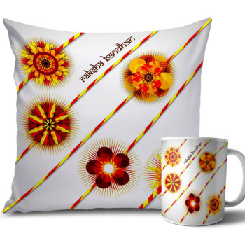 Red and Brown Design with White Colour Rakhi Cushion and Mug Combo 12 X 12 Inches Red and Brown Design with White Colour Rakhi Cushion and Mug Combo 12 X 12 Inches