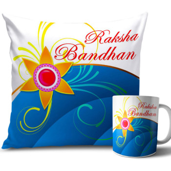 Yellow Flower Design with Blue Colour Rakhi Cushion and Mug Combo 12 X 12 Inches Yellow Flower Design with Blue Colour Rakhi Cushion and Mug Combo 12 X 12 Inches