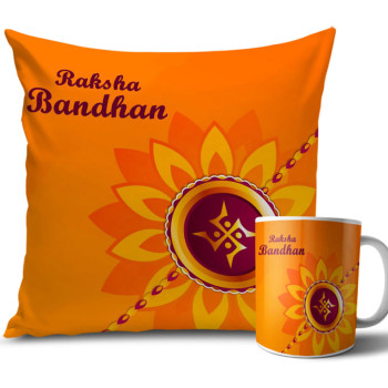 Golden Swastik Symbol with Orange Colour Rakhi Cushion and Mug Combo 12 X 12 Inches Golden Swastik Symbol with Orange Colour Rakhi Cushion and Mug Combo 12 X 12 Inches
