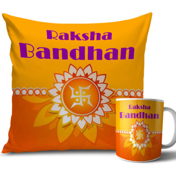 White Swastik Symbol with Orange Colour Rakhi Cushion and Mug Combo 12 X 12 Inches White Swastik Symbol with Orange Colour Rakhi Cushion and Mug Combo 12 X 12 Inches