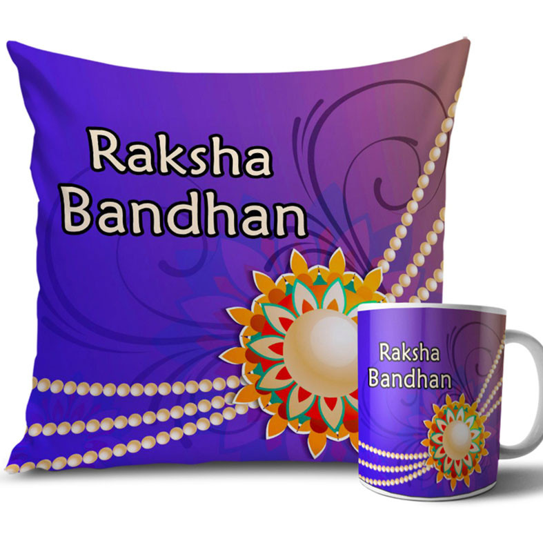 Yellow Pearl with Blue Colour Rakhi Cushion and Mug Combo 12 X 12 Inches