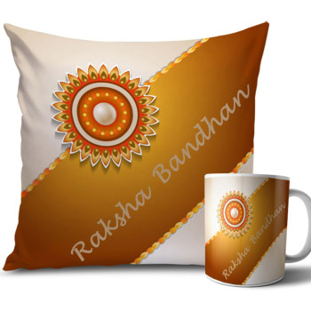 Pearl with Light Brown and White Colour Rakhi Cushion and Mug Combo 12 X 12 Inches Pearl with Light Brown and White Colour Rakhi Cushion and Mug Combo 12 X 12 Inches
