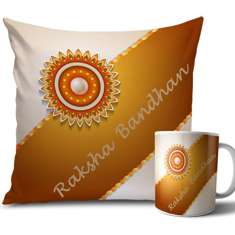 Pearl with Light Brown and White Colour Rakhi Cushion and Mug Combo 12 X 12 Inches