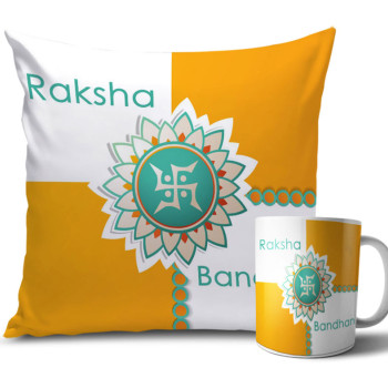 Swastik Blue Circle with White and Yellow Colour Rakhi Cushion and Mug Combo 12 X 12 Inches Swastik Blue Circle with White and Yellow Colour Rakhi Cushion and Mug Combo 12 X 12 Inches