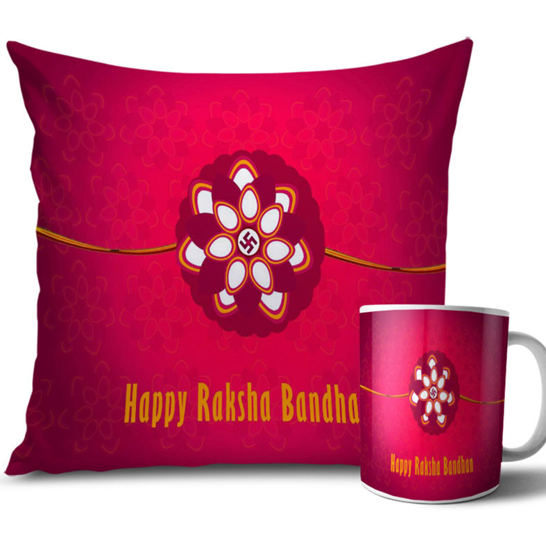 Dark Pink Swastik Symbol with Light Pink Colour Rakhi Cushion and Mug Combo 12 X 12 Inches