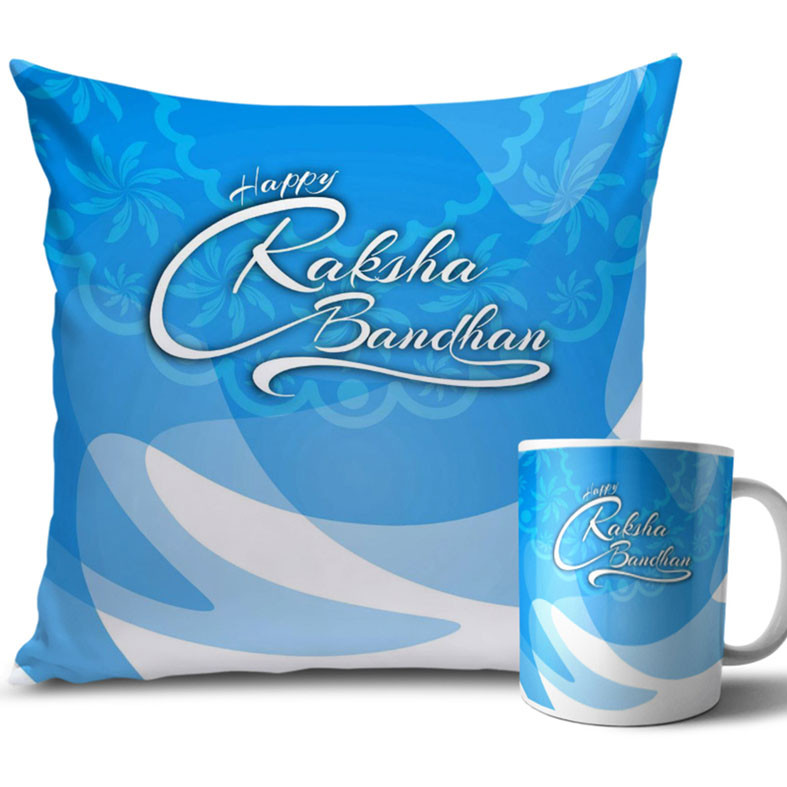 Light and Sea Blue Colour Rakhi Cushion and Mug Combo 12 X 12 Inches