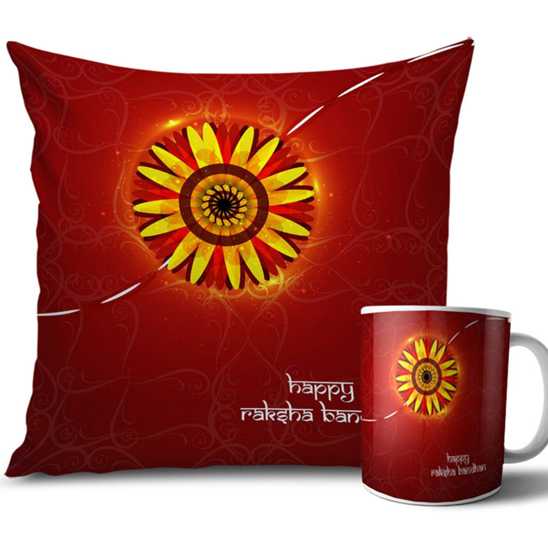 Yellow Flower with Dark Red Colour Rakhi Cushion and Mug Combo 12 X 12 Inches