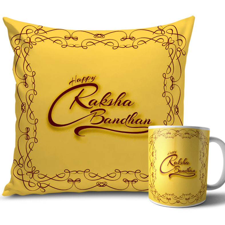 Brown and Dark Yellow Colour Rakhi Cushion and Mug Combo 12 X 12 Inches Brown and Dark Yellow Colour Rakhi Cushion and Mug Combo 12 X 12 Inches