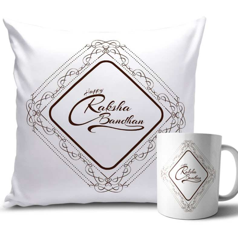 Brown and White Colour Rakhi Cushion and Mug Combo 12 X 12 Inches Brown and White Colour Rakhi Cushion and Mug Combo 12 X 12 Inches