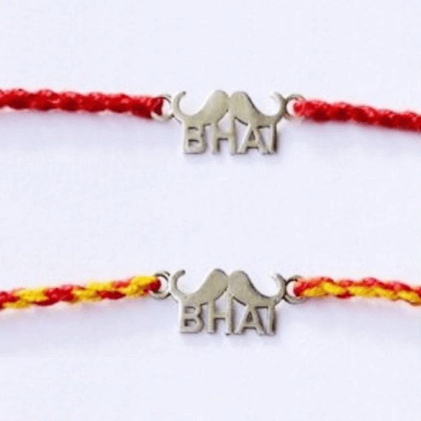Silver Rakhi With Text Bhai And Moustache Design