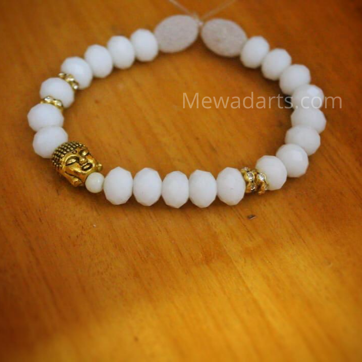 White Hand Bracelet With Buddha Statue And White Beads