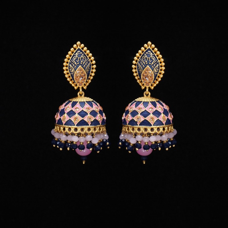 Minakari Earrings Blue Pink Rajwadi Polish