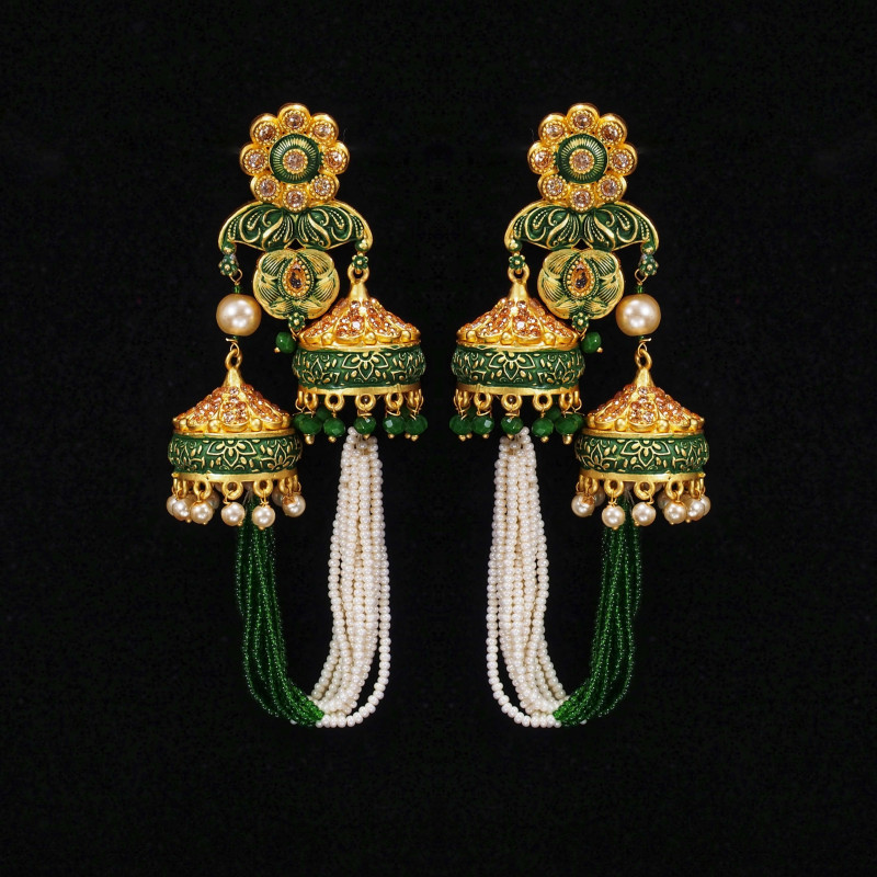 Minakari Earrings Green-White Rajwadi Polish