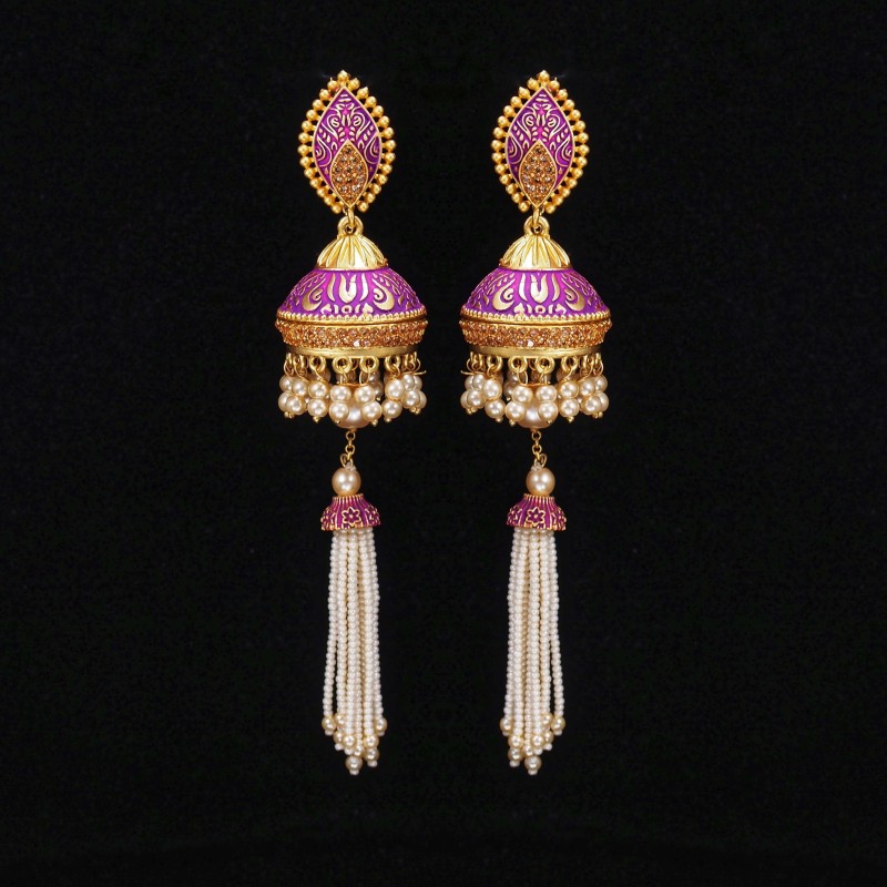 Minakari Earrings Rani Color White Moti