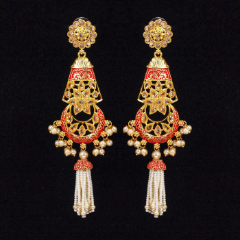 Red Moti Hanging Minakari Earrings Rajwadi Polish