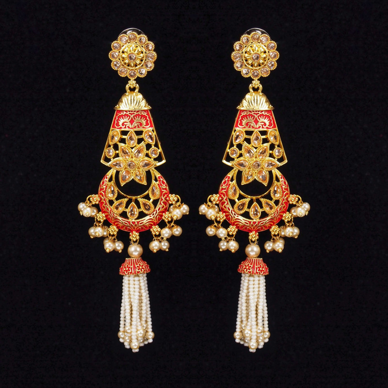 Red Moti Hanging Minakari Earrings Rajwadi Polish