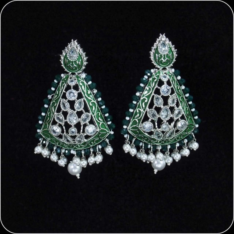 Dark Green Minakari Earrings Silver Polish