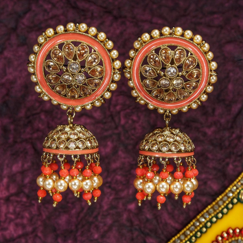 Minakari Round Earrings Orange Color