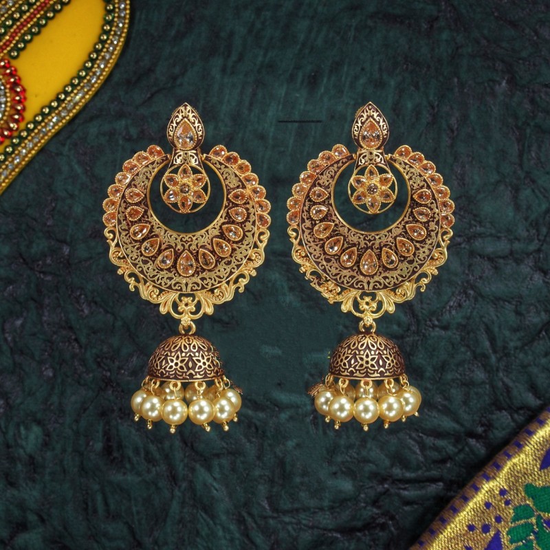 Meenakari Work Brass Earrings Brown Color Rajwadi Polish
