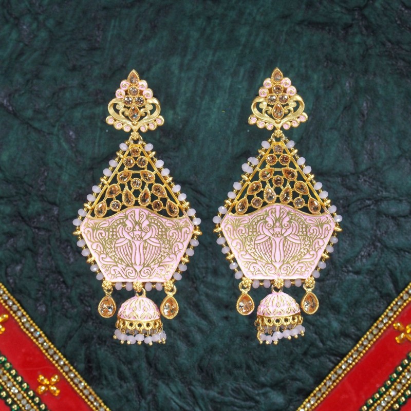 Minakari Brass Earrings Pink Color Rajwadi Polish