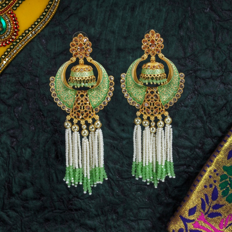 Minakari Brass Earrings Green Color Rajwadi Polish