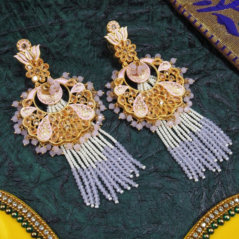 Meenakari Brass Lotus Earrings Pink Color Rajwadi Polish