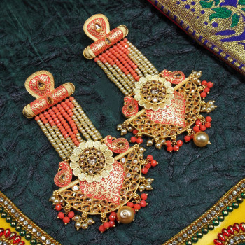 Meenakari Brass Earrings Orange Color Rajwadi Polish